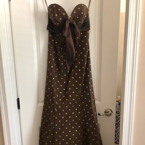 Jovani Brown and Gold Polka Dot Evening Gown